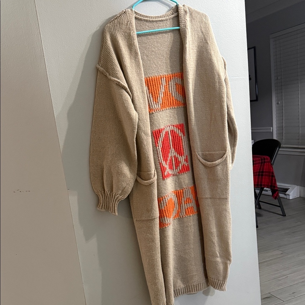 Beige Open Front Cardigan with Orange Accents